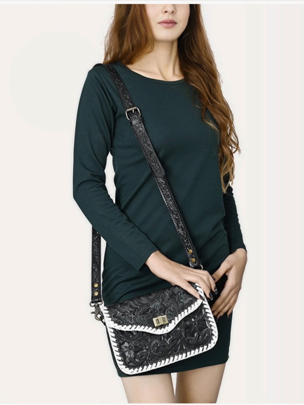 American Darling Western Genuine Leather Small Cross Body Bag with Hand-Tooled